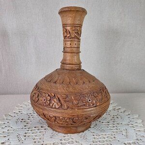 Carved Wooden Decorative Vase With Intricate Floral & Botanical Relief Handcraft